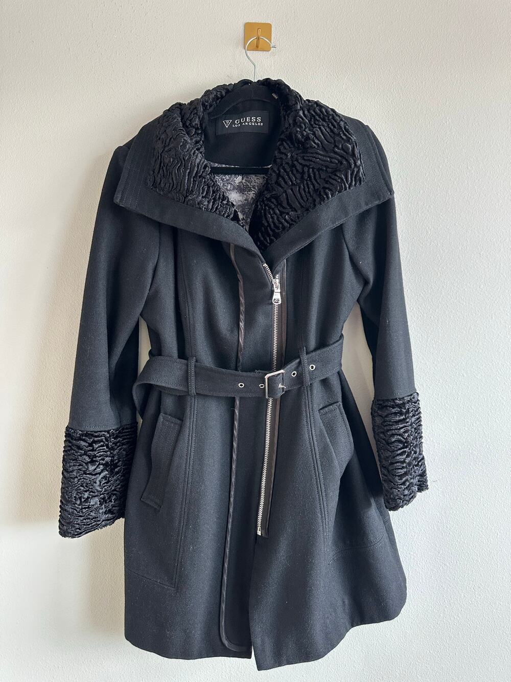 Vintage 90s Guess Black Wool Coat Textured Faux Trim Belted Zip Jacket L XL